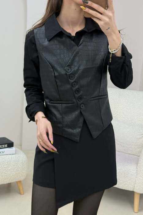 BUTTONS DETAIL LEATHER WOMEN VEST BLACK/ E ZEZE - 2