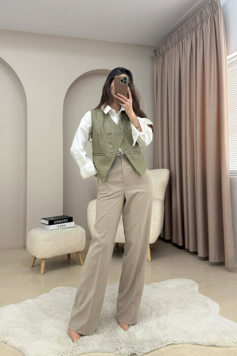 BUTTONS DETAIL LEATHER WOMEN VEST OLIVE/ULLI - 2