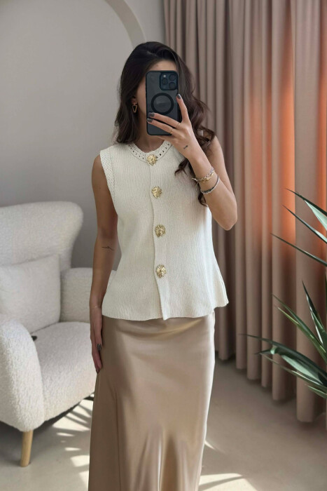 BUTTONS DETAIL ONE COLOR WOMEN VEST CREAM/KREM - 3