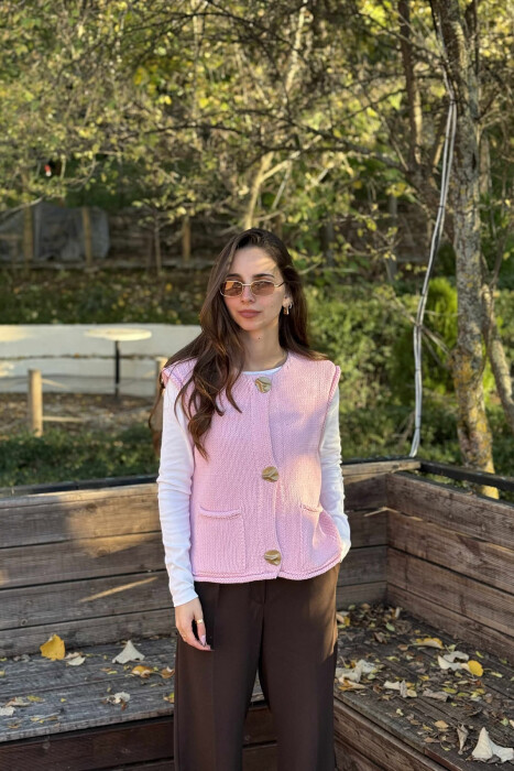 BUTTONS DETAIL SIMPLE KNIT WOMEN VEST BABY PINK/ROZB 