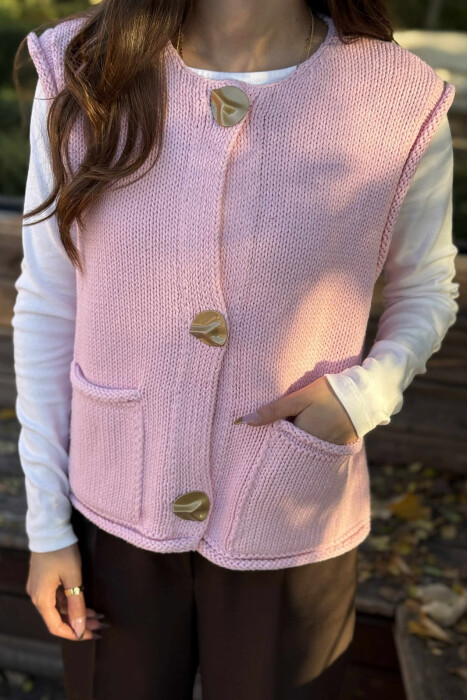 BUTTONS DETAIL SIMPLE KNIT WOMEN VEST BABY PINK/ROZB - 2