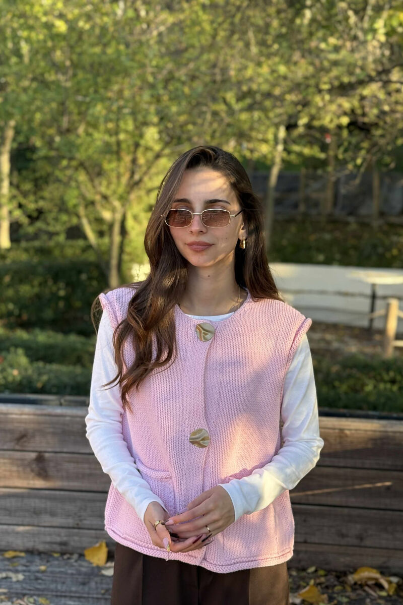 BUTTONS DETAIL SIMPLE KNIT WOMEN VEST BABY PINK/ROZB - 3