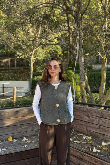 BUTTONS DETAIL SIMPLE KNIT WOMEN VEST DARK GREEN/JEE 