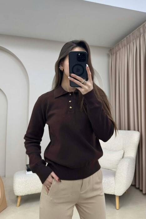 CABLE-KNIT BUTTONED POLO WOMAN SWEATER BROWN/KAFE 