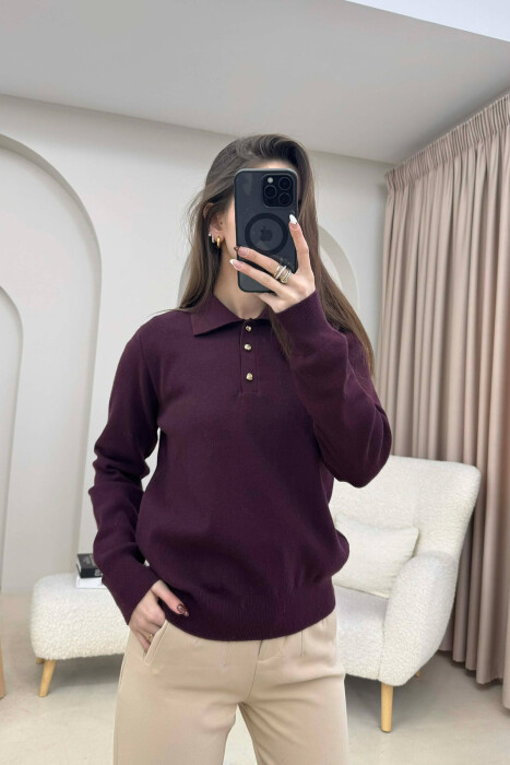 CABLE-KNIT BUTTONED POLO WOMAN SWEATER BURGUNDY/VISHNJE 