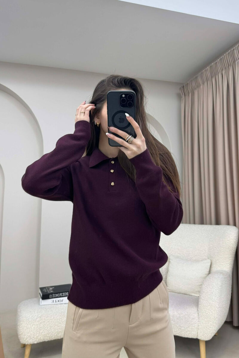 CABLE-KNIT BUTTONED POLO WOMAN SWEATER BURGUNDY/VISHNJE - 2