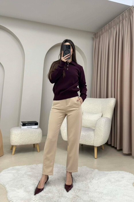 CABLE-KNIT BUTTONED POLO WOMAN SWEATER BURGUNDY/VISHNJE - 4