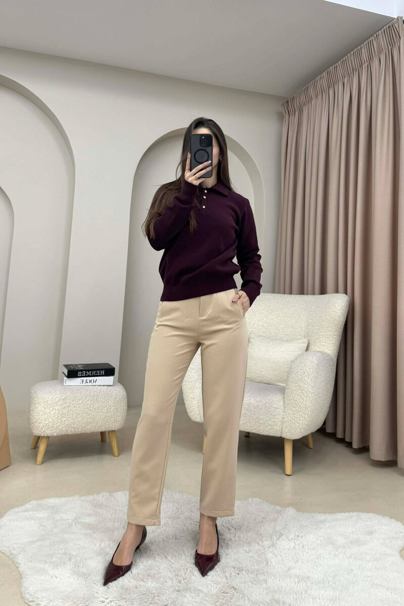 CABLE-KNIT BUTTONED POLO WOMAN SWEATER BURGUNDY/VISHNJE - 4