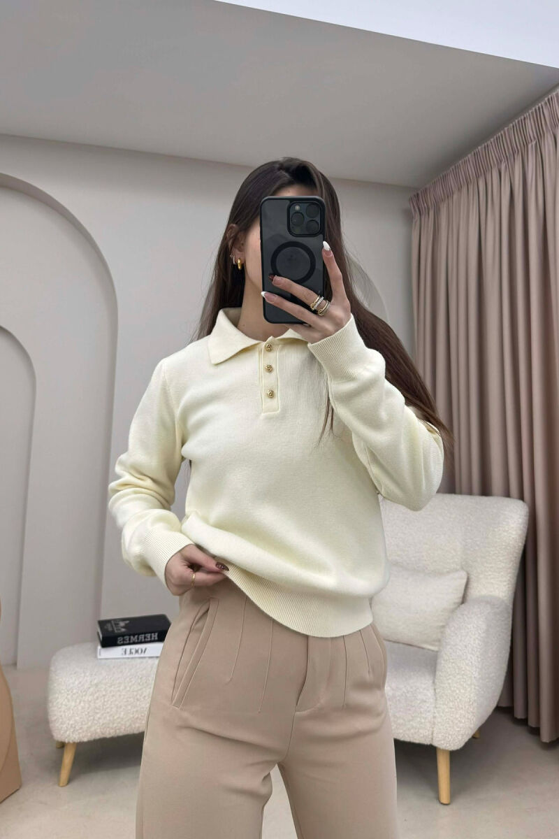 CABLE-KNIT BUTTONED POLO WOMAN SWEATER CREAM/KREM - 1