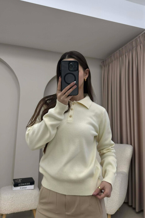 CABLE-KNIT BUTTONED POLO WOMAN SWEATER CREAM/KREM - 4