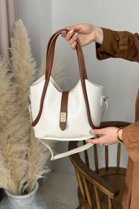 ÇANTE LEKURE E THJESHTE NJE NGJYRESHE PER FEMRA NE NGJYRE KREM ME KAFE - 4