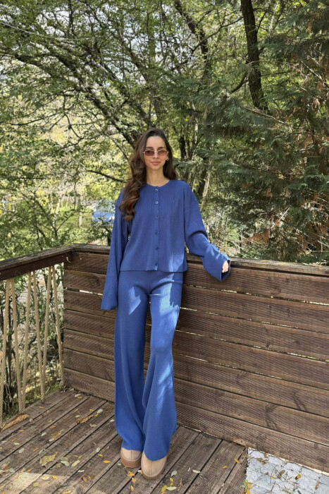 CARDIGAN+TROUSERS ONE COLOR SIMPLE WOMEN SET BLUE/BLU 
