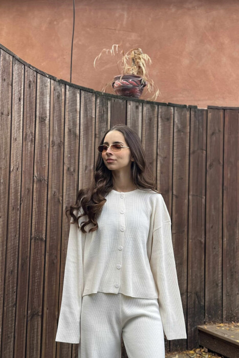 CARDIGAN+TROUSERS ONE COLOR SIMPLE WOMEN SET CREAM/KREM - 2