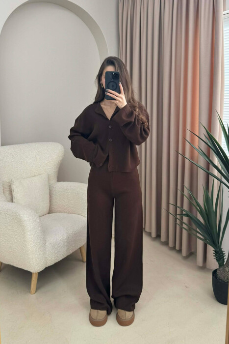 CARDIGAN+TROUSERS ONE COLOR SIMPLE WOMEN SET DARK BROWN/KAE 