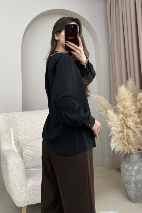 CHAIN DETAIL LACING ONE COLOR WOMEN SHIRT BLACK/ E ZEZE - 4