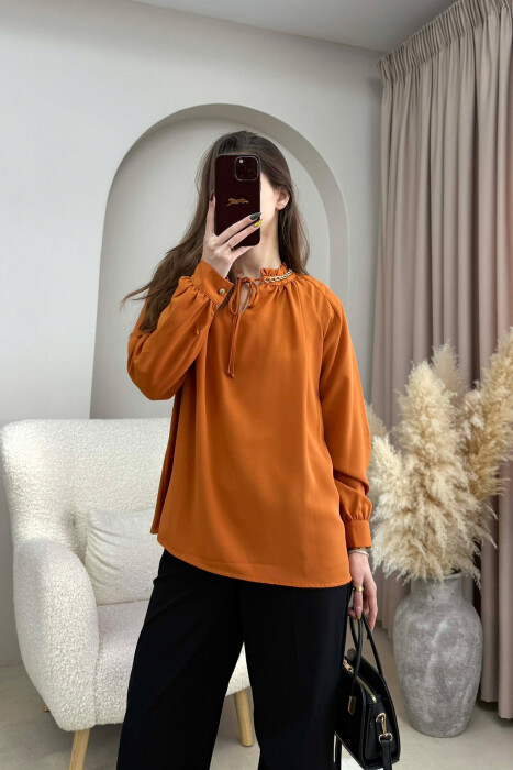 CHAIN DETAIL LACING ONE COLOR WOMEN SHIRT BRICK/TULLE - 1