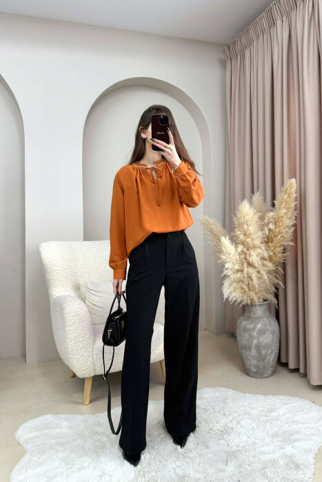 CHAIN DETAIL LACING ONE COLOR WOMEN SHIRT BRICK/TULLE - 2