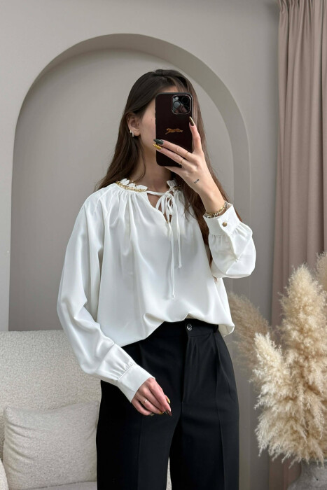 CHAIN DETAIL LACING ONE COLOR WOMEN SHIRT WHITE-E BARDHE - KLAUDIO FASHION
