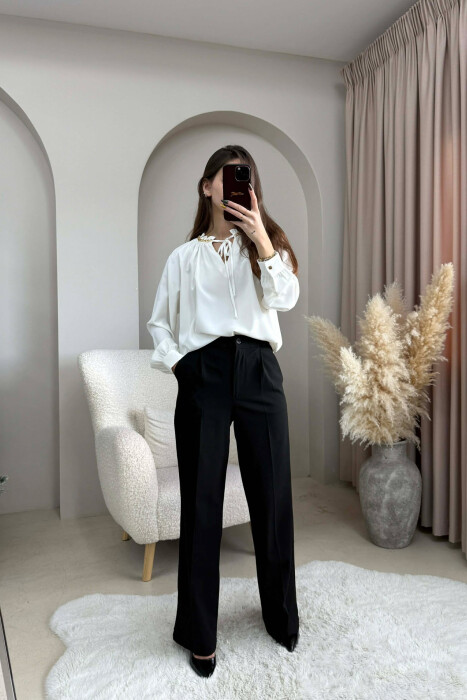 CHAIN DETAIL LACING ONE COLOR WOMEN SHIRT WHITE-E BARDHE - 2