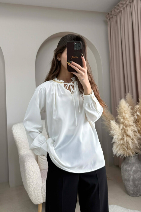 CHAIN DETAIL LACING ONE COLOR WOMEN SHIRT WHITE-E BARDHE - 3