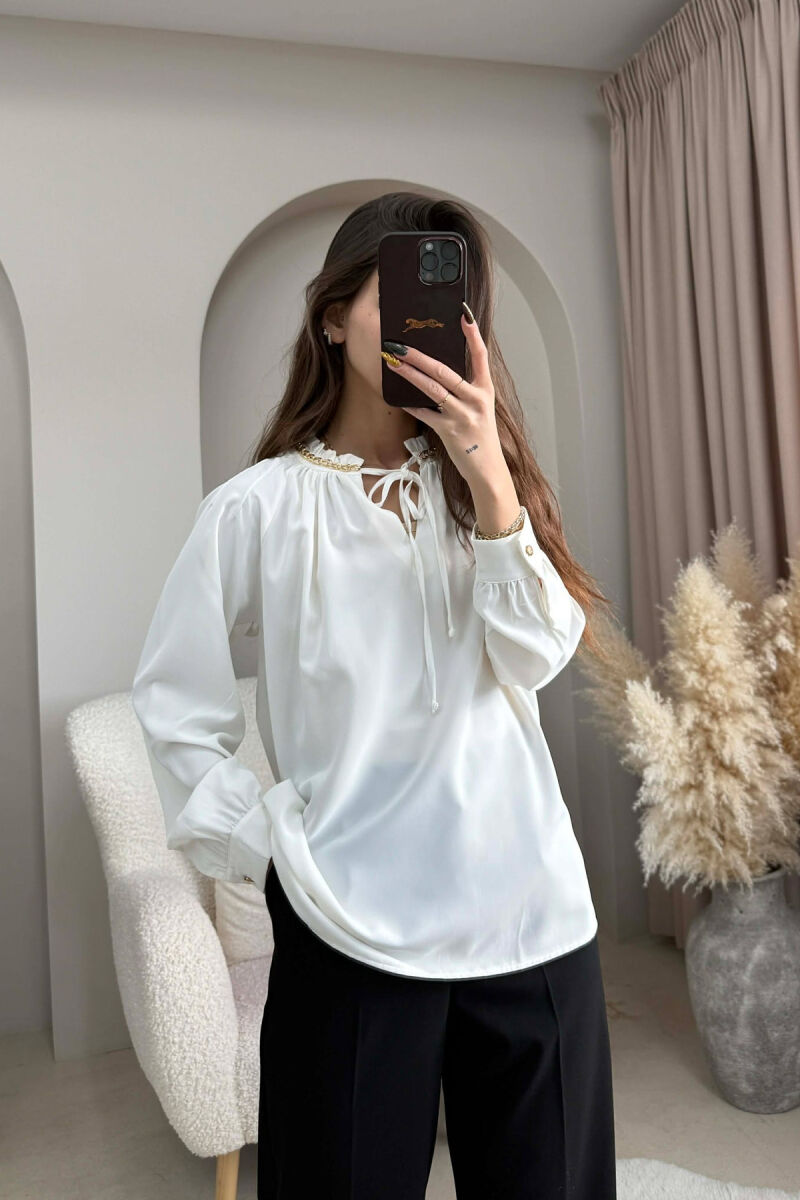 CHAIN DETAIL LACING ONE COLOR WOMEN SHIRT WHITE-E BARDHE - 3