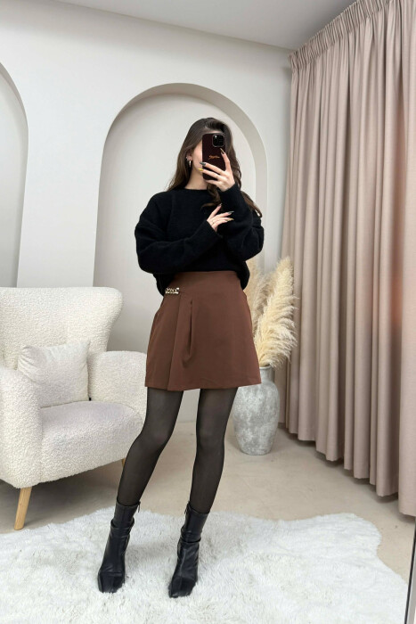 CHAIN DETAIL ONE COLOR WOMEN SKORT BROWN/KAFE - 9