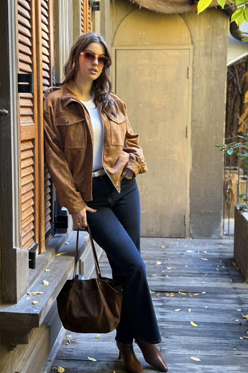 CHAMOIS BUTTONED AND ZIPPER WOMEN JACKET BROWN/KAFE - 2