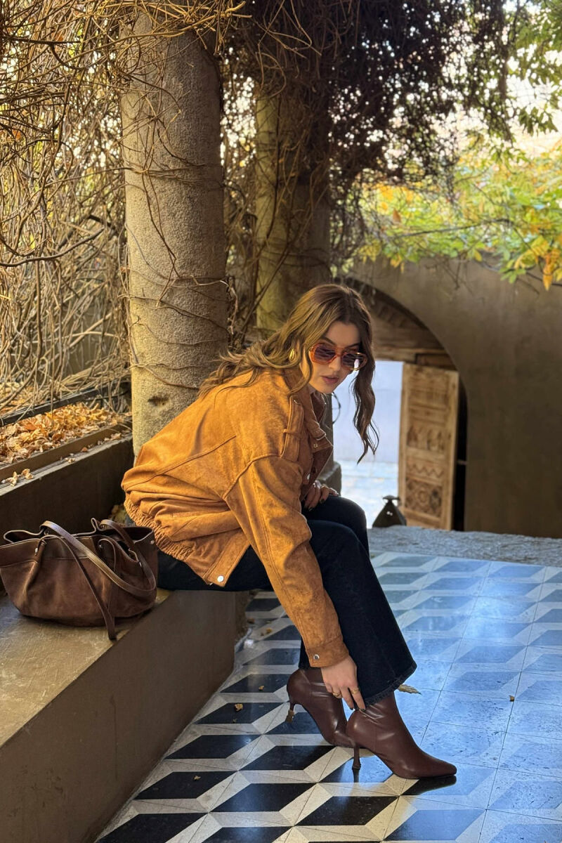 CHAMOIS BUTTONED AND ZIPPER WOMEN JACKET BROWN/KAFE - 5