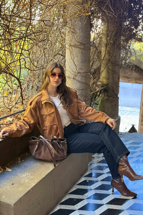 CHAMOIS BUTTONED AND ZIPPER WOMEN JACKET BROWN/KAFE - 6