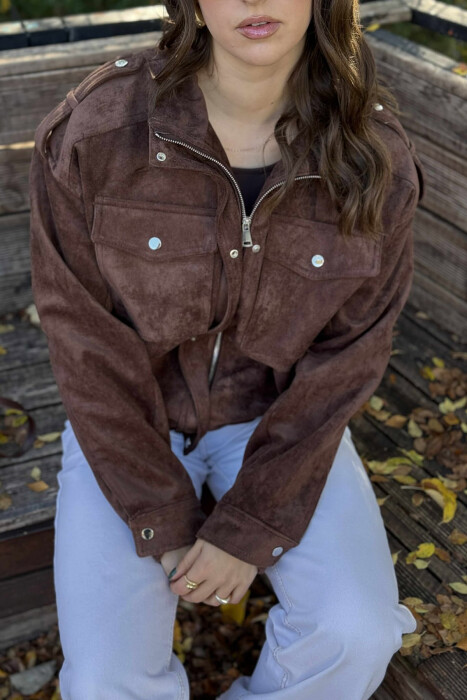 XHAKETË KAMOSH ME ZINXHIR DHE BUTONA PËR FEMRA NË NGJYRË KAFE TË ERRËT 