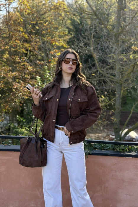 CHAMOIS BUTTONED AND ZIPPER WOMEN JACKET DARK BROWN/KAE - 7