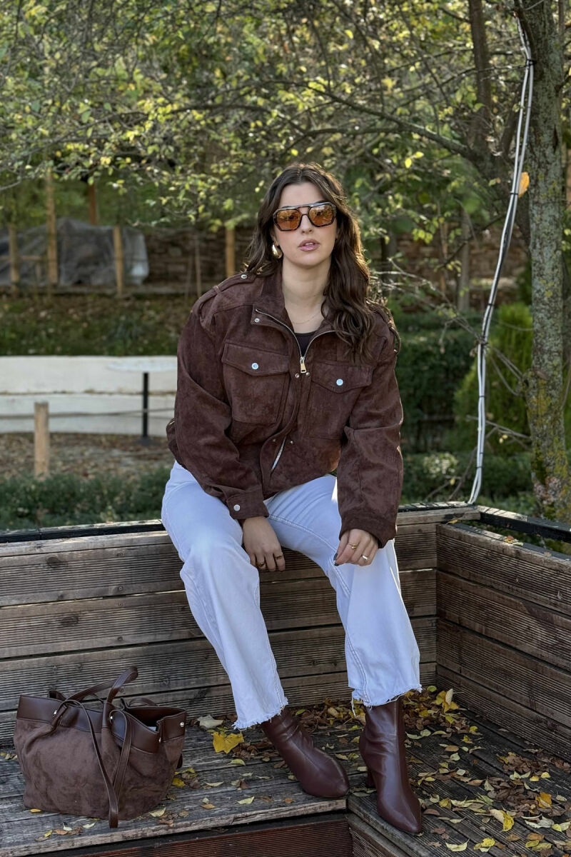 CHAMOIS BUTTONED AND ZIPPER WOMEN JACKET DARK BROWN/KAE - 4