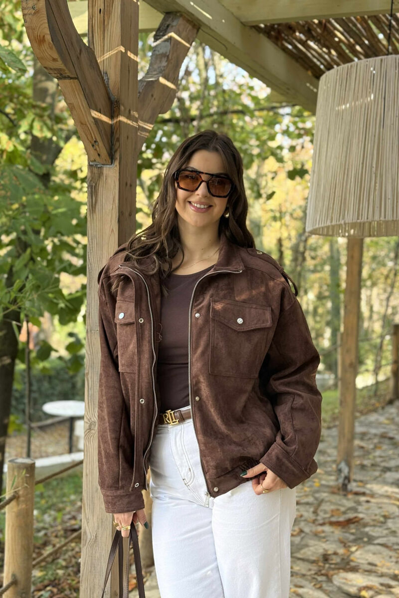 CHAMOIS BUTTONED AND ZIPPER WOMEN JACKET DARK BROWN/KAE - 3