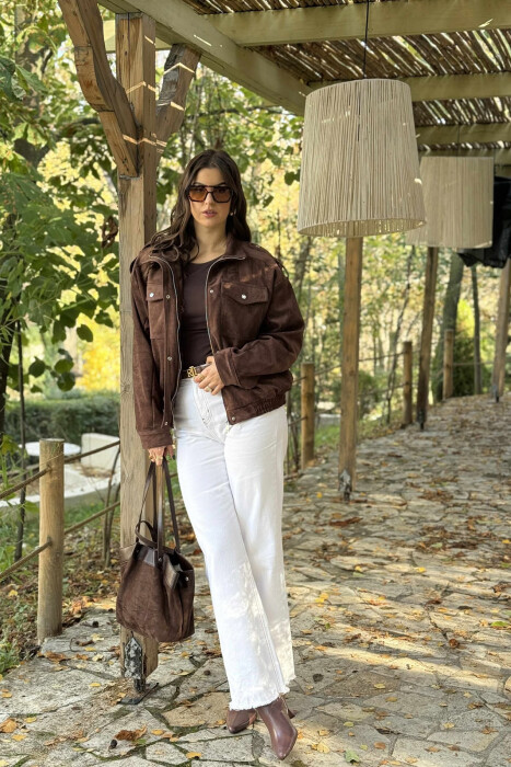 CHAMOIS BUTTONED AND ZIPPER WOMEN JACKET DARK BROWN/KAE - 2