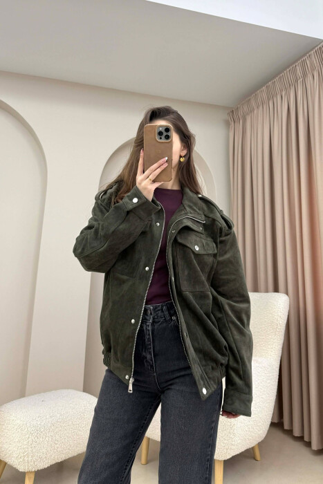 CHAMOIS BUTTONED AND ZIPPER WOMEN JACKET DARK GREEN/JEE 