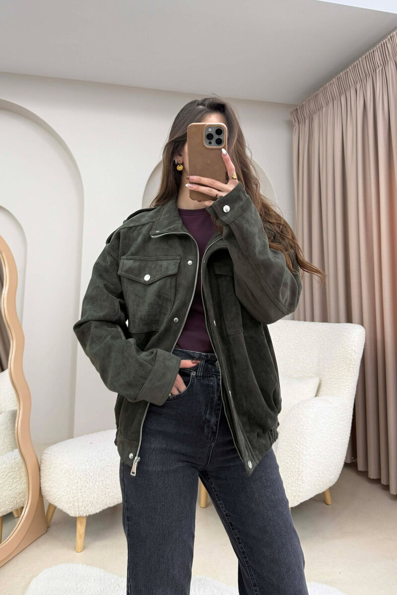 CHAMOIS BUTTONED AND ZIPPER WOMEN JACKET DARK GREEN/JEE - 4