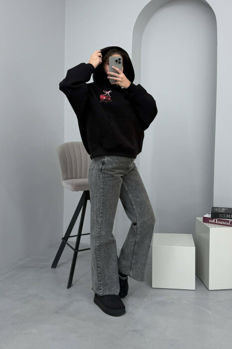 CHERRY LOGO FRONT& BACK DESIGN WOMEN HOODIE BLACK/ E ZEZE - 1