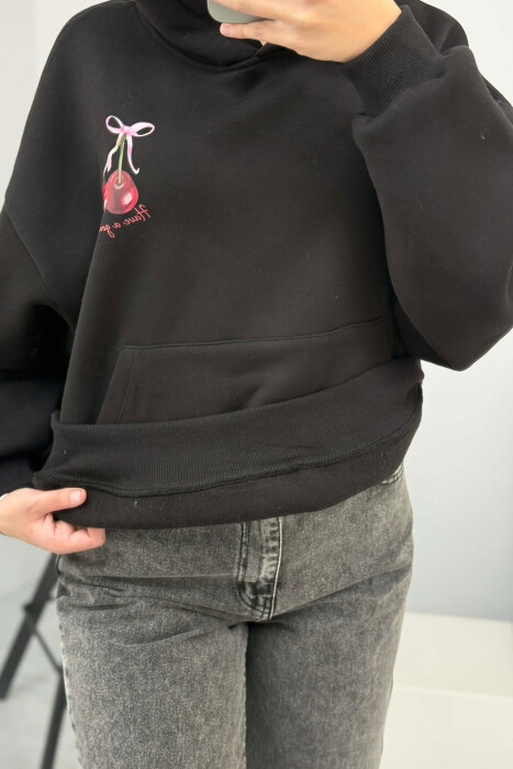 CHERRY LOGO FRONT& BACK DESIGN WOMEN HOODIE BLACK/ E ZEZE - 3