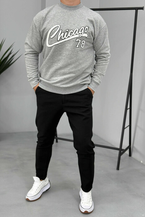 CHICAGO FRONT WRITTING FLUFFY MEN SWEATSHIRT LIGHT GREY/GZ - KLAUDIO FASHION