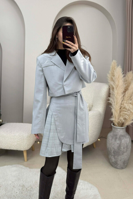 CROPPED JACKET+SKIRT SIMPLE WOMEN SET LIGHT GREY/GZ - KLAUDIO FASHION
