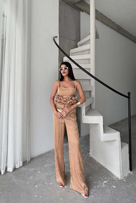 CROPPED JACKET+TANK TOP+TROUSERS 3 PIECE WOMEN SET BEIGE/BEZHE - 2