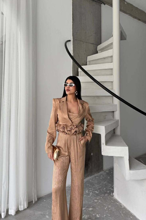 CROPPED JACKET+TANK TOP+TROUSERS 3 PIECE WOMEN SET BEIGE/BEZHE - 3