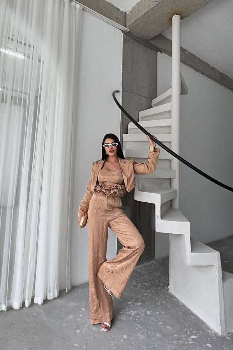 CROPPED JACKET+TANK TOP+TROUSERS 3 PIECE WOMEN SET BEIGE/BEZHE - 4