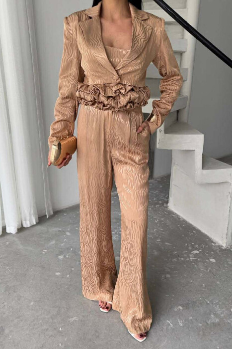 CROPPED JACKET+TANK TOP+TROUSERS 3 PIECE WOMEN SET BEIGE/BEZHE - 1