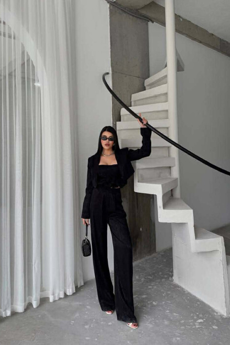 CROPPED JACKET+TANK TOP+TROUSERS 3 PIECE WOMEN SET BLACK/ E ZEZE - 3