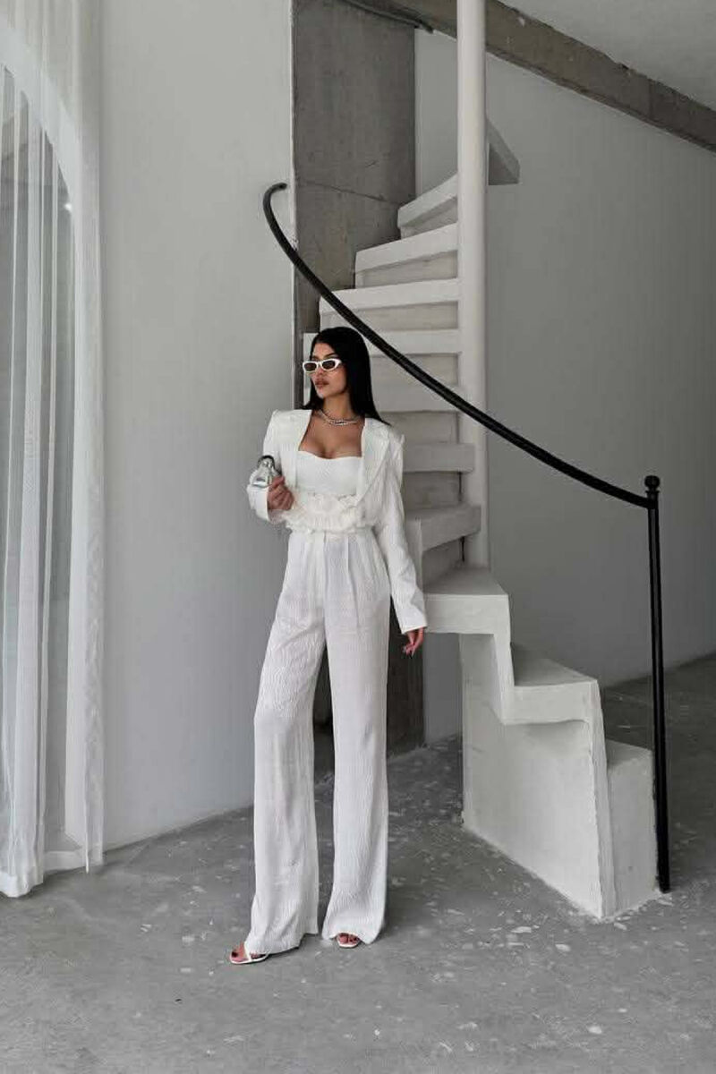 CROPPED JACKET+TANK TOP+TROUSERS 3 PIECE WOMEN SET WHITE-E BARDHE - 2