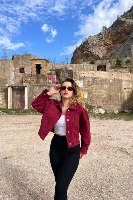 CROPPED ONE COLOR DENIM WOMEN JACKET BURGUNDY/VISHNJE 