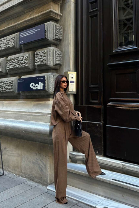 CROPPED SHIRT+TROUSERS STRIPED WOMEN SET BROWN/KAFE - 5