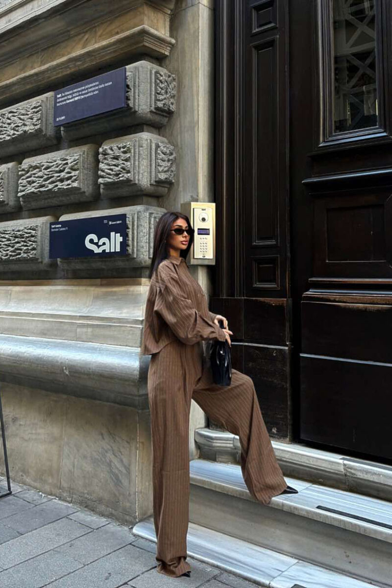 CROPPED SHIRT+TROUSERS STRIPED WOMEN SET BROWN/KAFE - 5