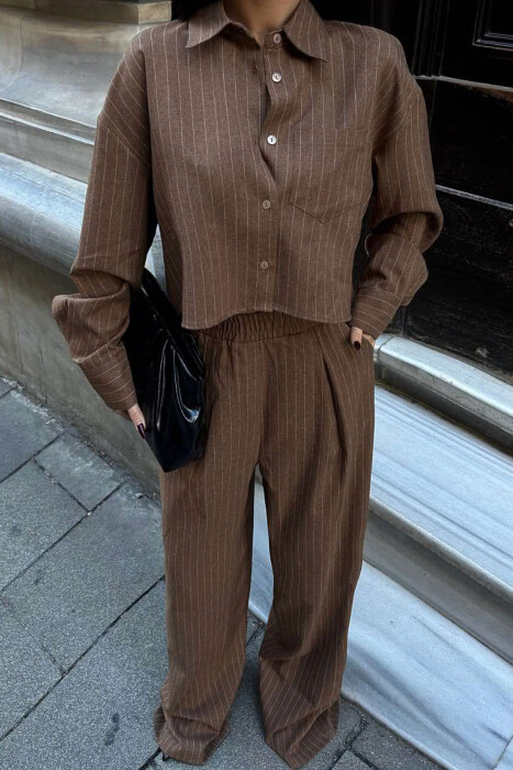 CROPPED SHIRT+TROUSERS STRIPED WOMEN SET BROWN/KAFE - 6